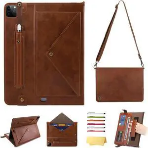 UUcovers Crossbody Handbag Case for iPad Pro 12.9 inch 6th/5th/4th/3rd Generation 2022/2021/2020/2018 with Pencil Holder/Shoulder Strap/Hand Strap/Stand Envelope Bag Magnetic Wallet Cover, Coffee