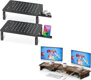 Zimilar 2 Pack Monitor Stand Riser, 3 Height Adjustable Monitor Stand with Unique Star Mesh for Computer + Dual Monitor Stand Riser, Monitor Stand with Adjustable Length and Angle, Wood Monitor riser