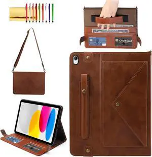 Handbag Case for iPad (A16) 11" 2025 & iPad 10th Gen 10.9", Techcircle Folio Stand PU Leather Multi-Card Slots Envelope Pocket Wallet Cover with Hand Strap+Shoulder Strap+Pen Holder, Coffee