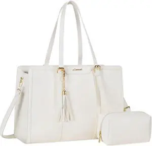 LOVEVOOK Laptop Bag for Women 15.6 inch Lightweight Leather Laptop Tote Bag, Large Capacity Computer bag with Clutch Purse for Business, Work, Office, Travel, SchoolWhite15.6 Inch