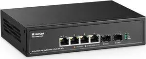 MokerLink 4 Port 2.5G PoE Switch with 2 Port 10G SFP+ Slot, 4 x 2.5G Base-T Ports Compatible with 10/100/1000Mbps, IEEE8023af/at PoE 78W, Metal Unmanaged Fanless Small Network Switch