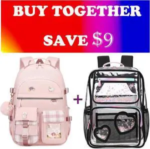 KIDNUO Clear Backpack for Girls Kids Bookbags Transparent Stadium Approved Travel Daypack See Through College School Bag Large Laptop Backpacks for Women Teens Students