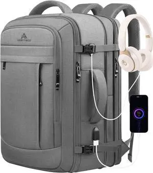 Carry On Backpack, 50L Extra Travel Laptop Backpack for Men Women, Big Bag Business Travel Essentials Gifts for men Flight Approved, 17 Inch Laptop Backpack Computer Bag Gifts for Him Men, Grey
