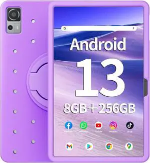 Naclud 12 Inch Tablet 8GB RAM 256GB ROM, Android 13 Tablet with Decorative Perforated Case, Octa-Core 2.0Ghz Processor, 2000 * 1200 FHD IPS, 5MP+13MP Camera, 8000mAh, GPS, WiFi, Bluetooth (Lavender)