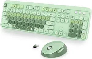 Fogruaden Green Keyboard and Mouse Wireless, Retro Typewriter Keyboard, 2.4GHz 104 Keys Full Size Cute Keyboard with Number Pad, Gradient Colorful Keyboard with Round Keycaps for Windows PC Laptop