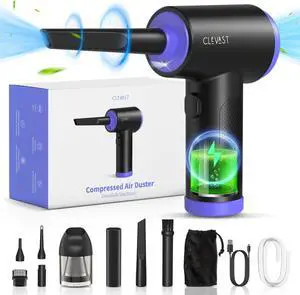 CLEVAST Compressed Air Duster Electric Air Blower, 3 in 1 Versatile with LED, Cordless Dust Spray & Mini Vacuum & Inflating for PC, Computer, Keyboard, Rechargeable Canned Air, 3 Gear 110000RPM
