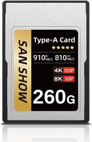 SANSHOWSD CFexpress Type A Memory Card, Up to 910MB/s Read & 810MB/s Write for 4K 8K Recording RAW Video& Photo, Compatible with Sony Alpha&FX Cameras, Supports PCle 3.0 (Gold, 260GB)