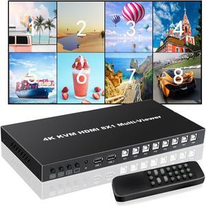 HDMI MultiViewer 8x1 with KVM Function, 4K@30Hz HDMI Quad MultiViewer Share 8 computers simultaneously, allowing them to share a set of keyboard and mouse simultaneously, with IR Remote Control