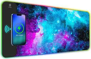 AIMSA Wireless Charging RGB Gaming Mouse Pad 15W, Extended LED Desk Mat Protector 800x300x4MM, 14 Light Modes Extra Large Mousepad Non-Slip Rubber Base Desk Mat, Galaxy Nebula Universe