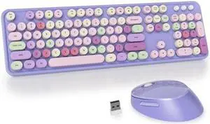 GTSP Typewriter Colorful Wireless Keyboard and Mouse Combo, 2.4GHz Full-Size Retro Cute Office Computer Keyboard with Round Keycaps for Desktop Laptop and PC (Colorful Purple)