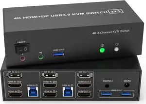 KVM Switch 3 Monitors 2 Computers 4K@60Hz, 2 HDMI+Displayport KVM Switch Triple Monitor for 2 Computer Share 3 Monitor, Audio Mic Port and 3 USB3.0 Devices, Wired Remote and 5V Power Adapter