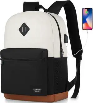 YAMTION 17 Inch School Backpack Women,Classic Back Pack College Bookbag Teen Boys and Girls Black Beige