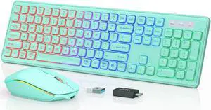 Wireless Keyboard and Mouse Combo - RGB Backlit, Rechargeable & Light Up Letters, Full-Size, Ergonomic Tilt Angle, Sleep Mode, 2.4GHz Quiet Keyboard Mouse for Mac, Windows, Laptop, PC, Mint Green