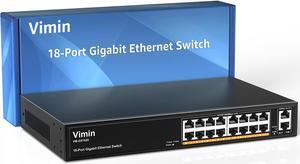 16-Port Gigabit Ethernet Switch with 2 Uplink 1000Mbps Ports, VIMIN 18-Port Unmanaged Network Switch Support IEEE802.3af/at, VLAN, Desktop & 19 inch Rack-Mount, 250W Power Budget, Plug and Play
