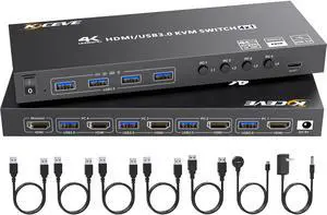 HDMI KVM Switch 4 Computers 4K@60Hz 2K@120Hz, Simulation EDID, Camgeet 4 Port USB3.0 KVM Switches for 4 PC Share 1 Monitor and Keyboard Mouse Printer,with Wired Remote,12V Power Adapter and 5 Cables
