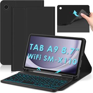 DETUOSI Backlit Keyboard Case for Samsung Galaxy Tab A9 8.7" SM-X110 WiFi 2023 Android Tablet with S Pen Holder | Soft TPU Shockproof Back Cover | Magnetic Closure Case | Detachable Wireless Keyboard