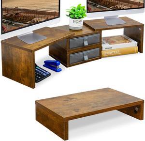 TEAMIX 1 Pack and 2 Drawers Rustic Brown Wood Monitor Stand Riser for 2 Monitors/Laptop/PC, Wood Screen/TV Stand Desk Organizer.