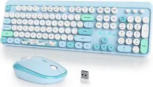 iTastatur Typewriter Wireless Keyboard and Mouse Combo,2.4G Office 104 Keys Full Size Retro Punk Keyboard,Cute Blue Keyboard with Round Keycaps for Laptop PC Desktops(Bear Blue)