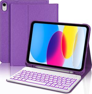 KVAGO Keyboard Case for iPad 10th Generation 10.9 inch 2022 - Bluetooth Keyboard, 7 Color Backlit, Detachable Wireless, Built-in Pencil Holder - Smart Folio Case in Purple