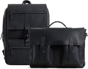 VELEZ Black Top Grain Leather Backpack + Messenger Bag For Men