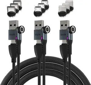 Statik 360 Pro Magnetic Charging Cable - 100W Fast Charging USB C Charging Cable, Magnetic Charger Cable Compatible with Apple Devices, USB-C, Micro-USB, USB-A Adapter - Black 3FT/1M 3Pack