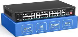 24 Port 10/100Mbps Fast Ethernet PoE Switch+2 Uplink Gigabit Ports+1 SFP, VIMIN 27 Port Unmanaged Switch Gigabit Up to 30W, Total Budget 300W,VLAN, Support IEEE802.3af/at