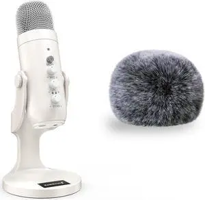 ZealSound USB Microphone with Gain Control K66W White and Furry Windscreen d65K Bundle