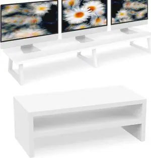 TEAMIX 42 inch Dual Monitor Riser+2 Tiers 20 Inch Wooden Desktop Monitor Stand Riser Printer for Desk Office Organization