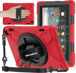 BRAECNstock for Amazon Fire HD 8 Tablet Case 12th Generation 2024/2022 8 inch with Rotating Hand Strap + Stand Shoulder Strap Pen Holder Shockproof Protective Kindle Fire HD 8 12th Gen Kids Case - Red