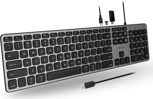 Macally Wired USB-C Keyboard, Space Gray, Full Size, Scissor Switches, 107 Keys, 3 USB Ports, Plug and Play, Quiet, Low Profile, Integrated Typing Angle, Mac/PC/Chrome Compatible