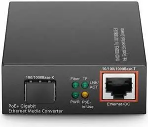 QSFPTEK 1G Gigabit Ethernet PoE+ Media Converter, Fiber to Ethernet Converter with 1x 10/100/1000Base-T to 1x 100/1000Base-X SFP Slot, AC 100V~240V or DC 5~12V Optional