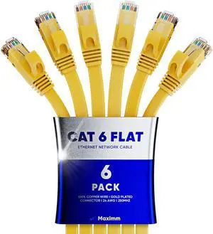 Cat 6 Ethernet Cable 20 ft - with a Flat, Space-Saving Design High-Speed Internet Network LAN Patch Cable, RJ45 Connectors - 20ft Yellow 6 Pack - Perfect for Gaming, Streaming, and More