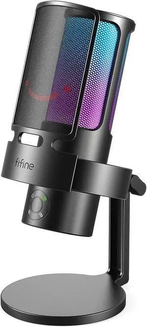 FIFINE Gaming USB Microphone, PC Computer Mic with 4 Polar Patterns for Podcast Streaming Recording YouTube, RGB Condenser Desktop Mic for Windows, Mac, with Headphone Jack-AmpliGame A8 Plus