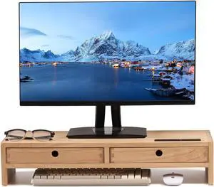 KIRIGEN Wood Monitor Stand with 2 Drawers - Computer Arm Riser Desk Storage Organizer,Speaker TV Laptop Printer Stand with Pen Slot and Cable Management,2-Tier Desktop Shelf NA-2PMJ