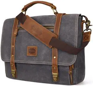 Manificent Laptop Messenger bag for Mens 15.6 Inch, Waterproof Vintage Genuine Leather Mens Briefcase shoulder bag 16 Storage Pockets, Waxed Canvas Leather Computer Business Satchel Work Bag (Gray)