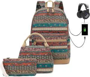 Bohemian Waterproof Laptop Backpack with USB Charging Port and and Headphone Interface, Water Resistant 15.6 Inch College School Backpack with Lunch Bag and Pencil Bag for Women/Girls/Business/Travel