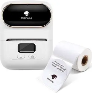 Phomemo-M110 Thermal Label Maker with One 50×50mm Label, Wireless Bluetooth Label Printer for Labeling, Shipping, Office, Cable, Retail, Barcode, Compatible for Android & iOS System, White