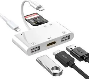 Lightning Hub iPad Adapter, 6-in-1 Lightning to HDMI Digital AV Converter, TF & SD Card Reader, USB Camera Adapter, Power Delivery Compatible with iPhone, iPad and More USB Devices