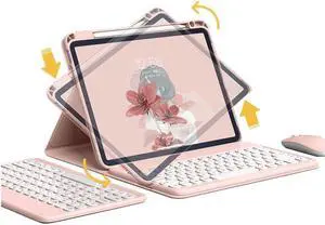 GOOVEN Keyboard case for iPad Pro11 inch 4th 3rd 2nd Gen /Air4 2020 Air5 2022 10.9''with Mouse 360° Rotating Stand Magnetic Detachable BT Keyboard Clear Back Cover (PinkRound Key )