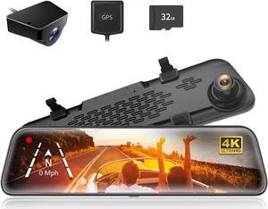 WOLFBOX G840S 12" 4K Mirror Dash Cam Backup Camera, 2160P Full HD Smart Rearview Mirror for Cars & Trucks, Front and Rear View Dual Cameras, Night Vision, Parking Assistance, Free 32GB Card & GPS