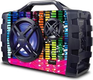 NEM Mobi7e Wireless Portable Boom Box Stereo High Performance Bluetooth Speaker, NFC, USB Recording, Rechargeable Battery, LED Lights, AUX Input, FM Radio, MP3 System, Mic/Guitar Input w. Strap
