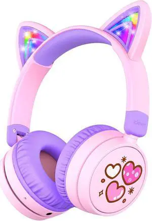iClever Kids Bluetooth Headphones, Light Up Cat Ear, Safe Volume 74/85dBA,60H Playtime,Bluetooth 5.3,USB C Charging,Wireless Kids Headphones AUX Cord for iPad Tablets School Travel,Meow Cookies-Purple