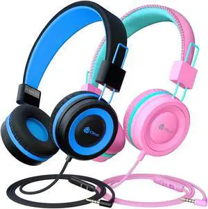 iClever [2 Pack Kids Headphones with Microphone, Safe Volume Limited 85dB/94dB - Wired Headphones for Kids Boys Girls, Foldable Headphones for Online School/Travel/iPad, Black&Pink