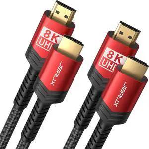 8K Long HDMI Cable 15ft 2-Pack, JSAUX 48Gbps High Speed HDMI 2.1 Braided Cord, 4K 120Hz 144Hz, 8K 60Hz, Dynamic HDR, DTS:X, 2K, 1080P, 3D, eARC Compatible for Laptop UHD TV Gaming Monitor PS5 PS4 -Red