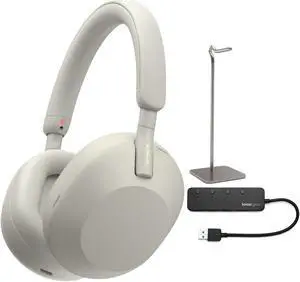 Sony WH-1000XM5 Wireless Noise Canceling Over-Ear Headphones (Silver) with Knox Gear 4-Port USB 3.0 Hub and Alloy Headphone Stand Bundle (3 Items)