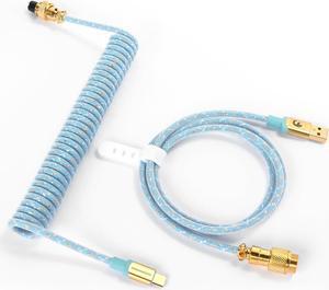 ATTACK SHARK Custom Coiled USB C to A Cable for Gaming Keyboard,Double-Sleeved Starlight Braided Cable with Detachable Metal Aviator 24K Gold Connector 1.7M-2.2M for Phone/PS4/Android/Xbox(Blue)