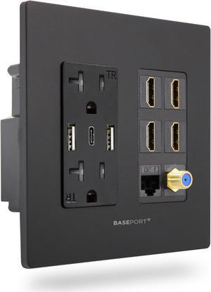 BASEPORT Premium Media Outlet Wall Plate - 6.3A USB Wall Outlet 2 USB A 2.0 + 1 USB C 3.0, 20A Dual Power Outlet, 4 HDMI Keystone Jack, Coaxial + Cat6 Rj45 Ethernet Outlet - Black Dual Gang Face Plate