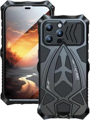 CeeEee Protective Case for iPhone 15 Pro Cover Heavy Duty Metal Aluminium Bumper Case Camera and Screen Protector Silicone Shock Proof Cover - Black