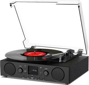 Record Player with 3 Speed Bluetooth USB Recording FM Radio Vintage LP Player with 2 Speakers Turntable for Vinyl Records Support Bluetooth Receiver RCA Line-out Black