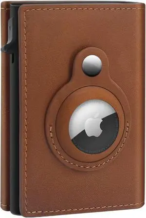 GAOCHALE AirTag Wallet Genuine Leather Air Tag Wallet RFID Technology Credit Card Holder with Minimalist Wallet for Men for Apple AirTag (No Airtag Included)(Dark Brown)